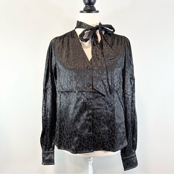 NWT Six/Fifty Black Leopard Print Button Down Blouse Tie Neck S - Picture 1 of 9